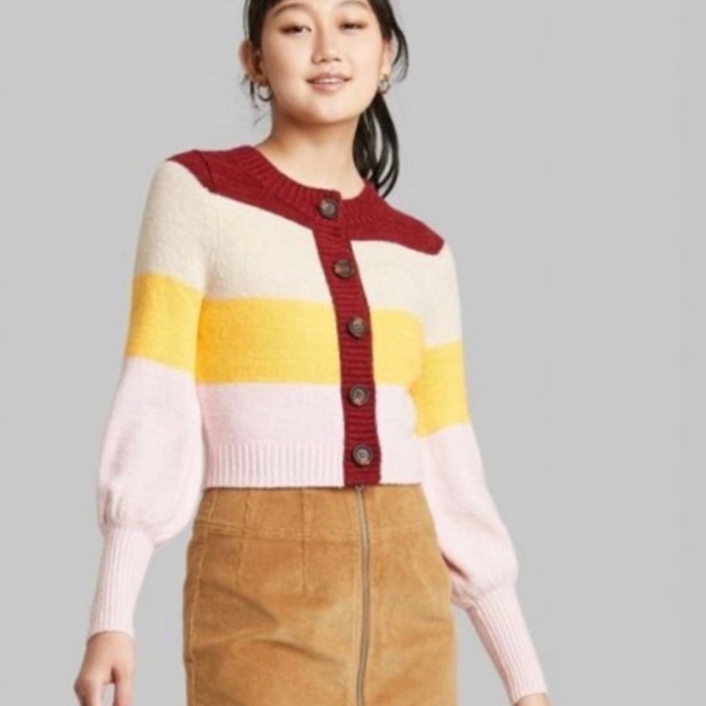 Wild Fable maroon yellow pink striped Cropped button up knit cardigan Sweater
